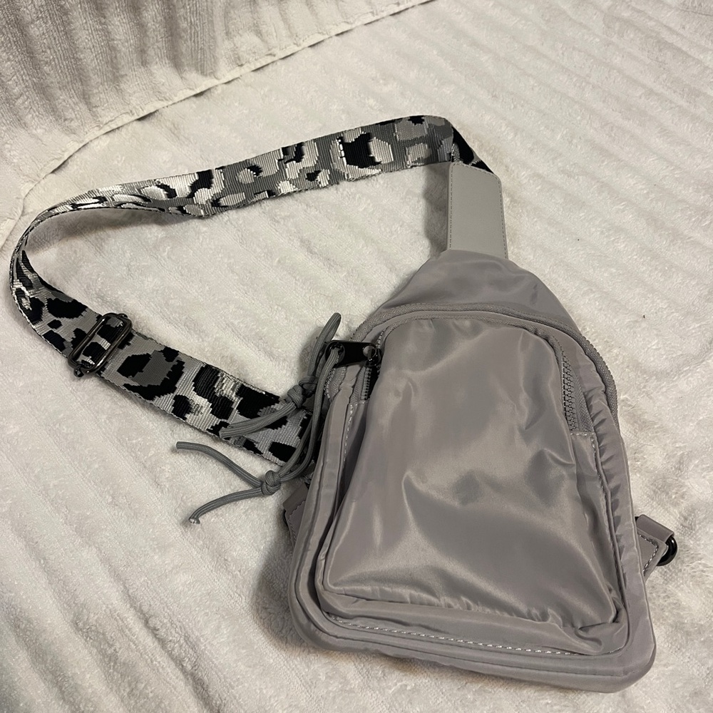 Gray Sling Bag with Patterned Strap